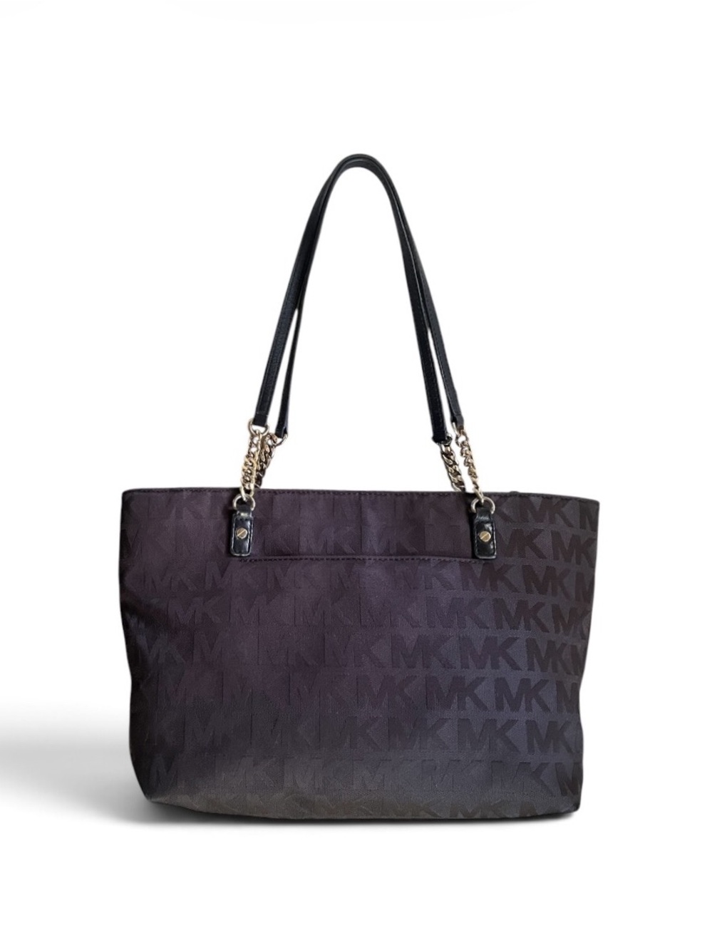 Michael Kors Medium Black Monogram Canvas Tote Bag w/Chain Strap Handles